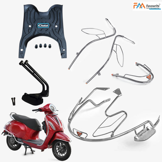 CHETAK 3501 & 3502 Steel Safety Guard Full Set (2025 Model) | Rear Guard, Front Guards & Mudguard with Free 3D Rubber Floor Mats & Foot Rest